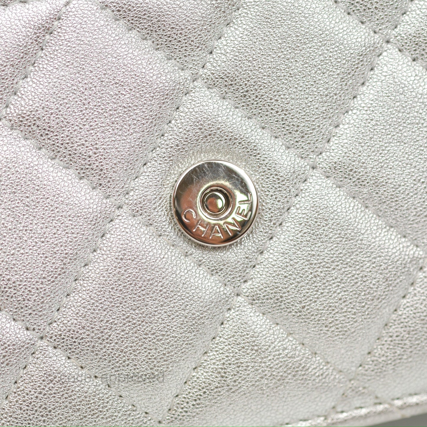 Chanel Quilted Wallet on Chain WOC Iridescent Silver Grained Lambskin Silver Hardware