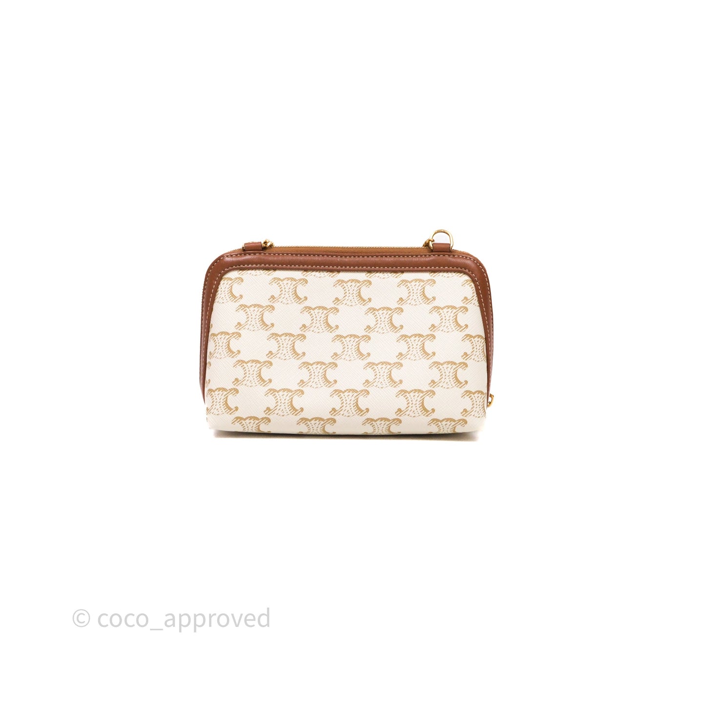 Celine Clutch With Chain Triomphe Canvas Lambskin White/Tan