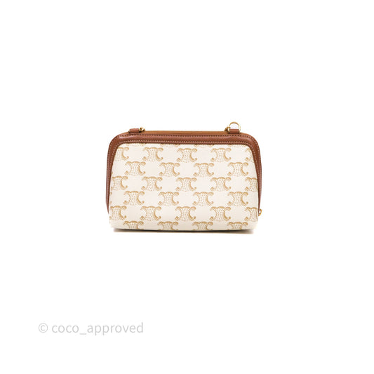 Celine Clutch With Chain Triomphe Canvas Lambskin White/Tan