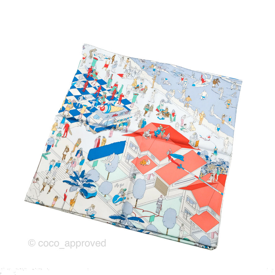Hermes On The Beach Scarf 90 Gris Argent / Bleu / Grenadine