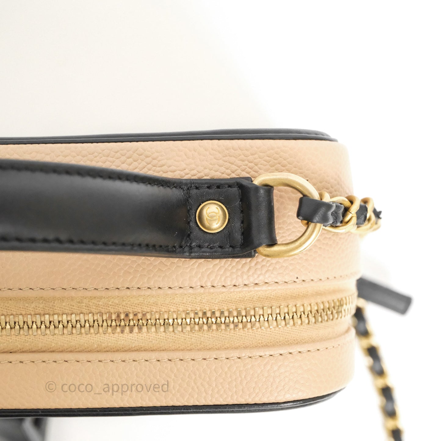 Chanel Quilted Medium CC Filigree Vanity Case Beige Black Caviar Aged Gold Hardware