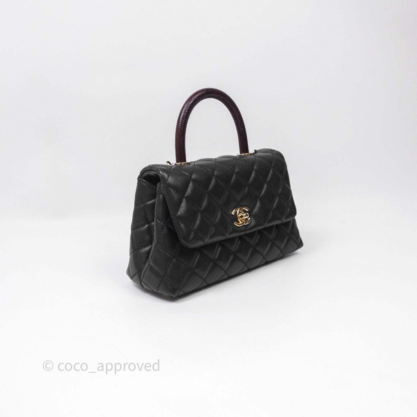 Chanel Small Coco Handle Quilted Black Caviar Aged Gold Hardware Lizard Handle