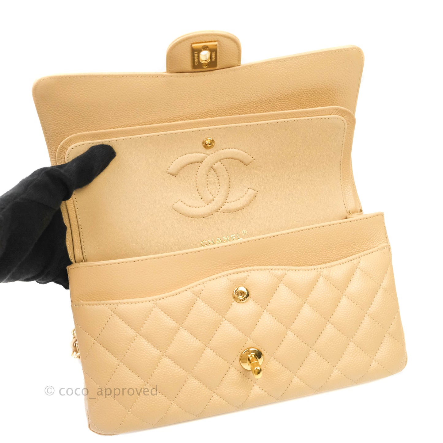 Chanel Classic M/L Medium Double Flap Beige Caviar Gold Hardware
