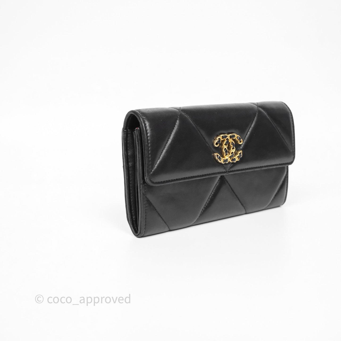 Chanel Quilted 19 Flap Long Wallet Black Lambskin Aged Gold Hardware