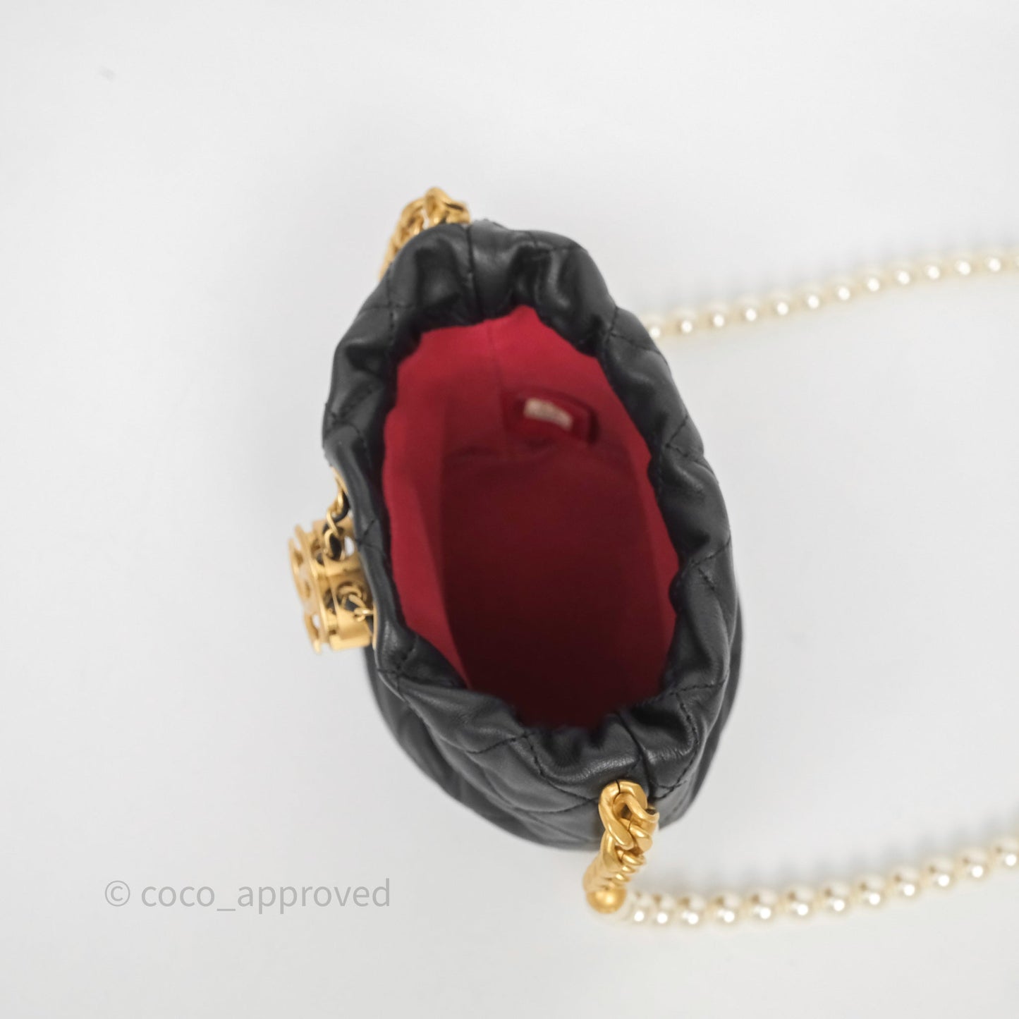 Chanel Quilted Pearl Mini About Pearls Drawstring Bucket Bag Black Calfskin