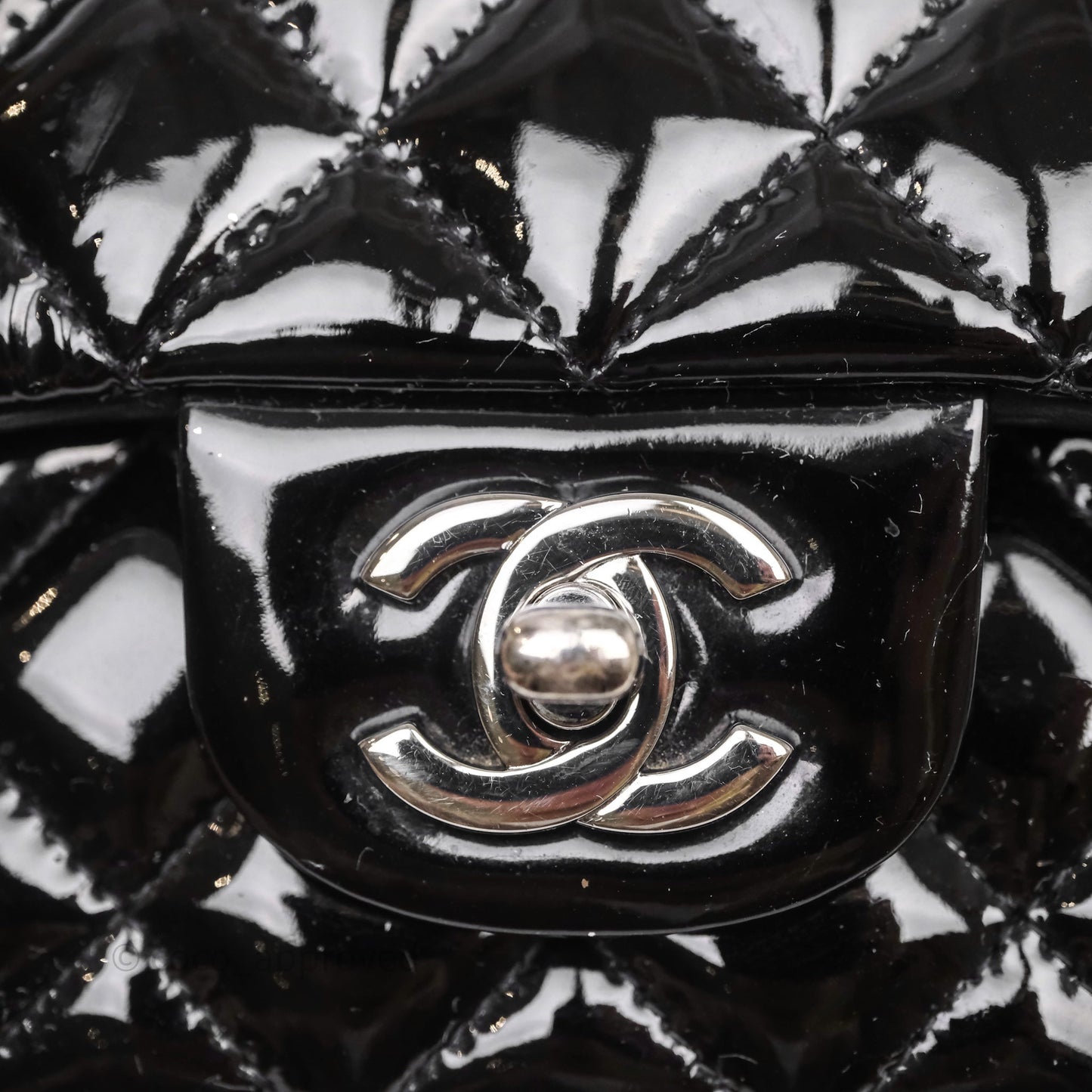 Chanel Quilted Mini Rectangular Flap Black Patent Silver Hardware