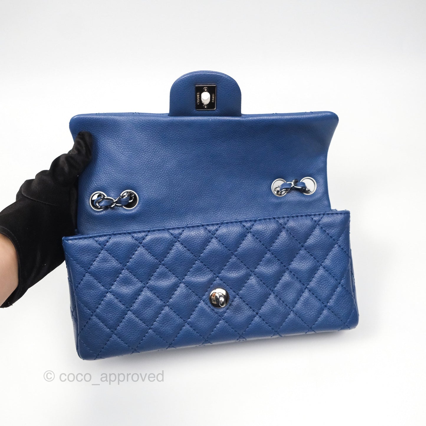 Chanel Quilted East West Flap Bag Blue Caviar Silver Hardware