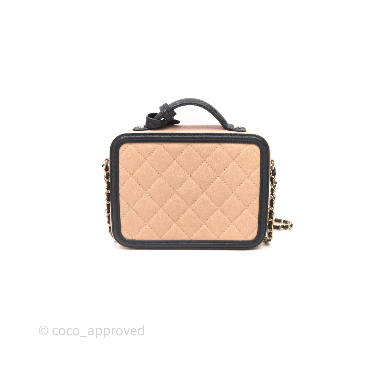 Chanel Quilted New Small CC Filigree Vanity Case Beige Caviar Gold Hardware