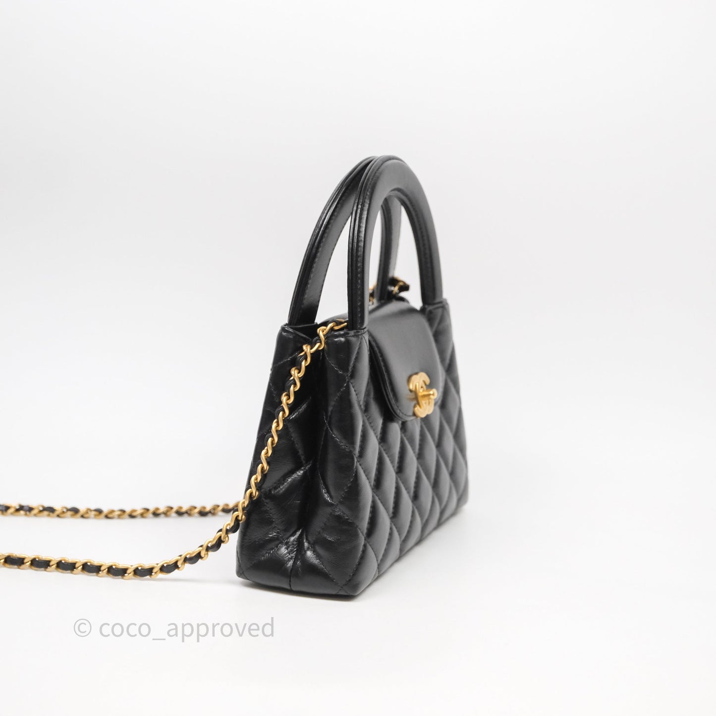 Chanel Kelly Bag Quilted Black Shiny Crumpled Calfskin Aged Gold Hardware