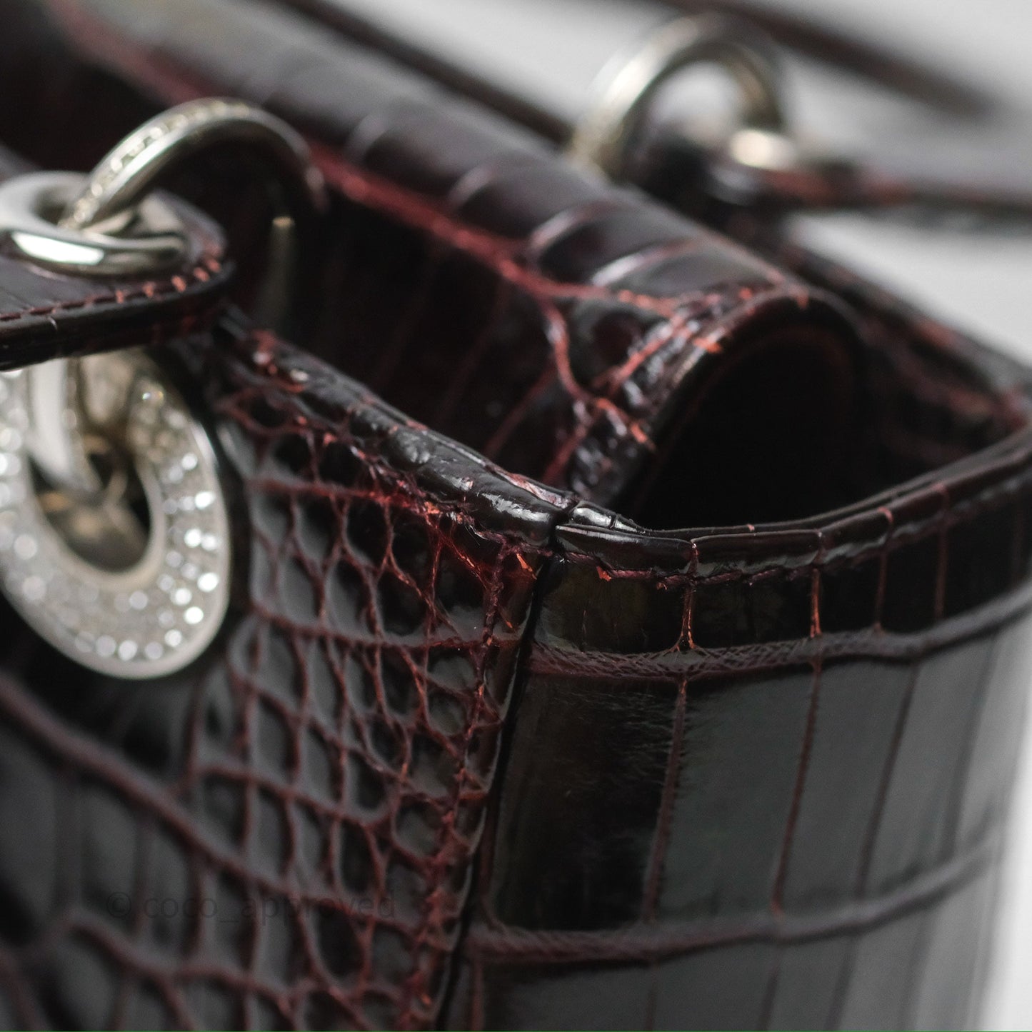 Christian Dior Small Lady Dior Shiny Crocodile Burgundy Diamond Hardware