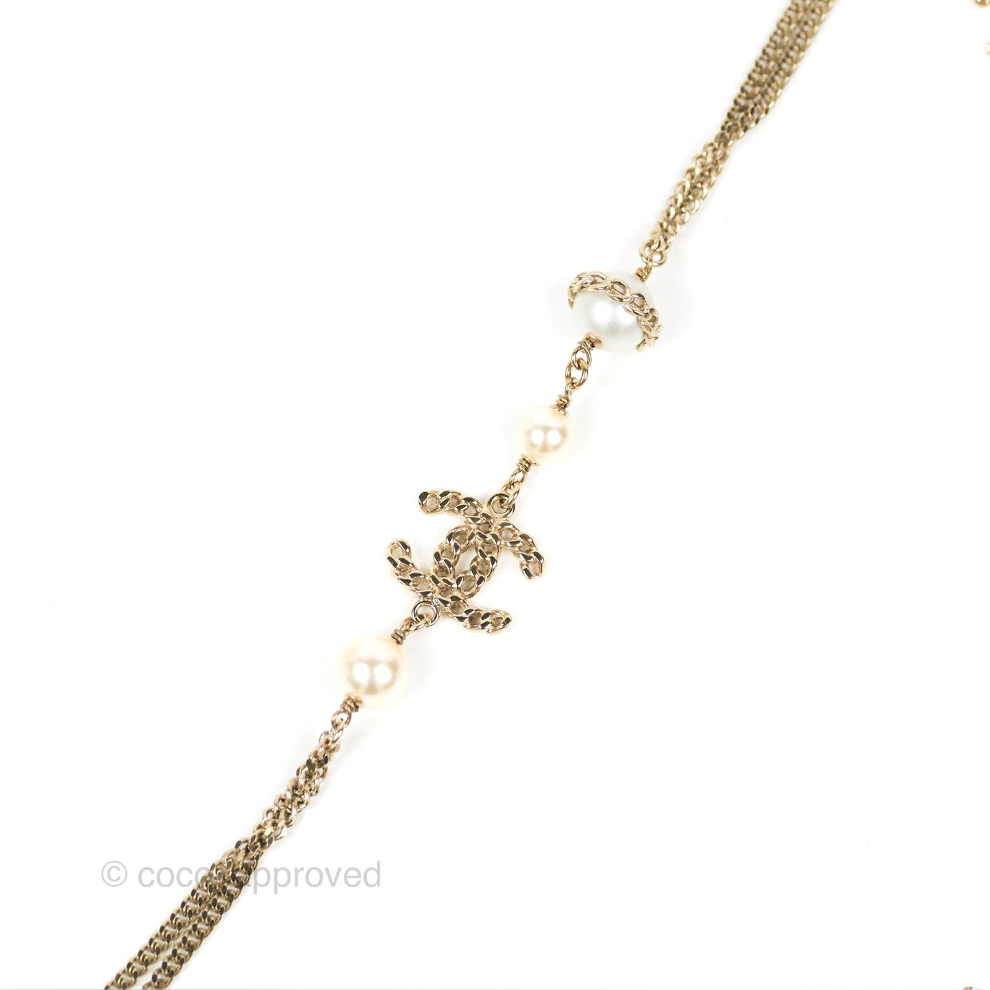 Chanel CC Pearl Chain Long Necklace Gold Tone 16B