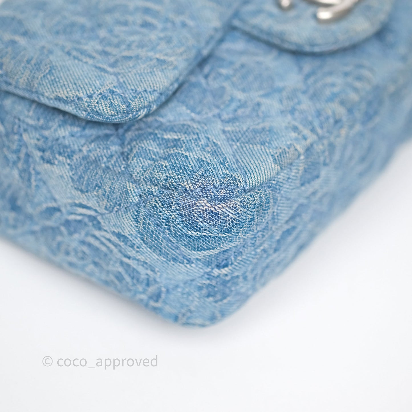 Chanel Mini Camellia Printed Heart Crush Flap Bag Blue Denim Aged Silver Hardware