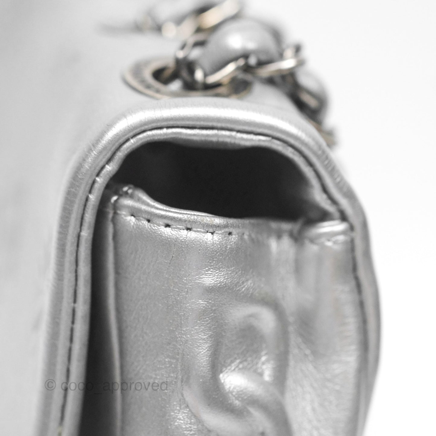 Chanel Medium Single Flap Embossed Metallic Silver Lambskin Ruthenium Hardware