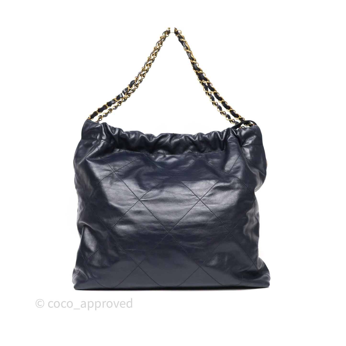 Chanel 22 Medium Navy Shiny Calfskin Aged Gold Hardware