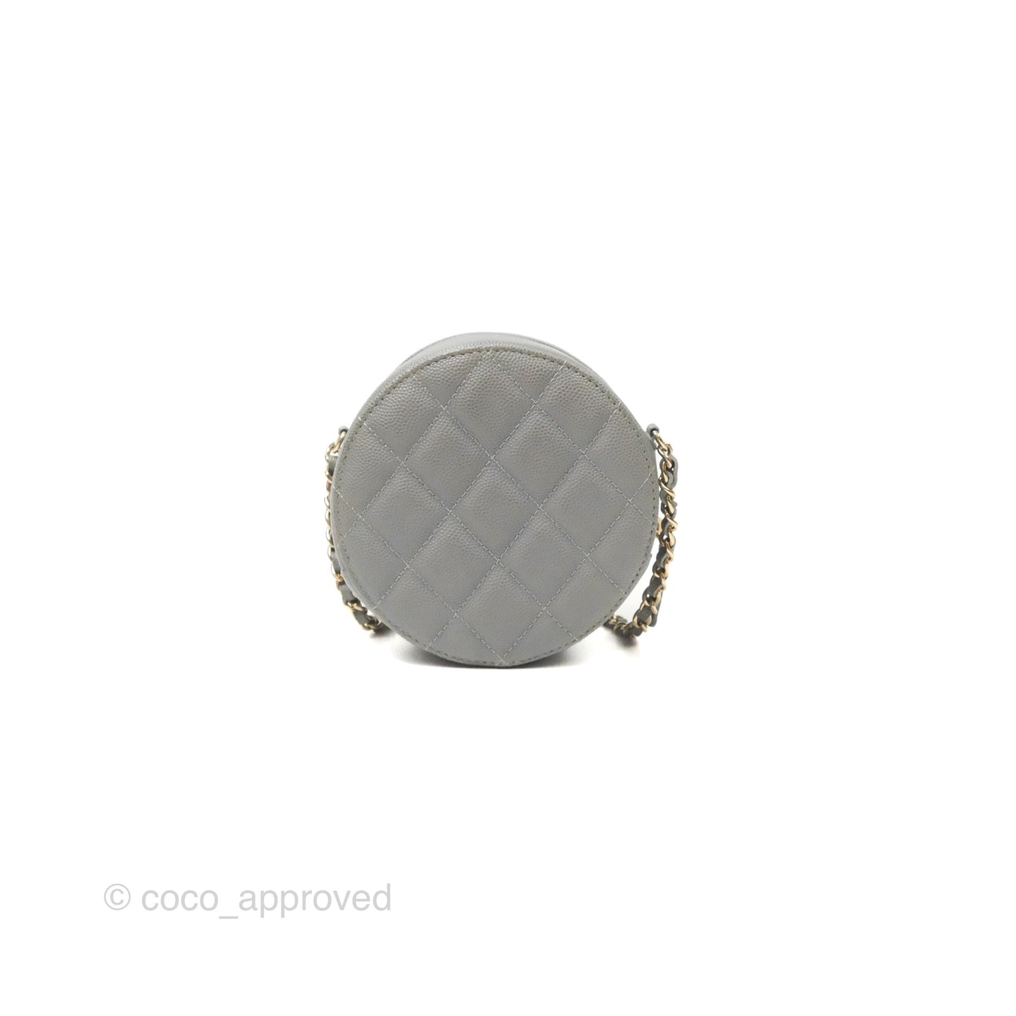 Chanel Classic Quilted Round Clutch With Chain Grey Caviar Gold Hardware