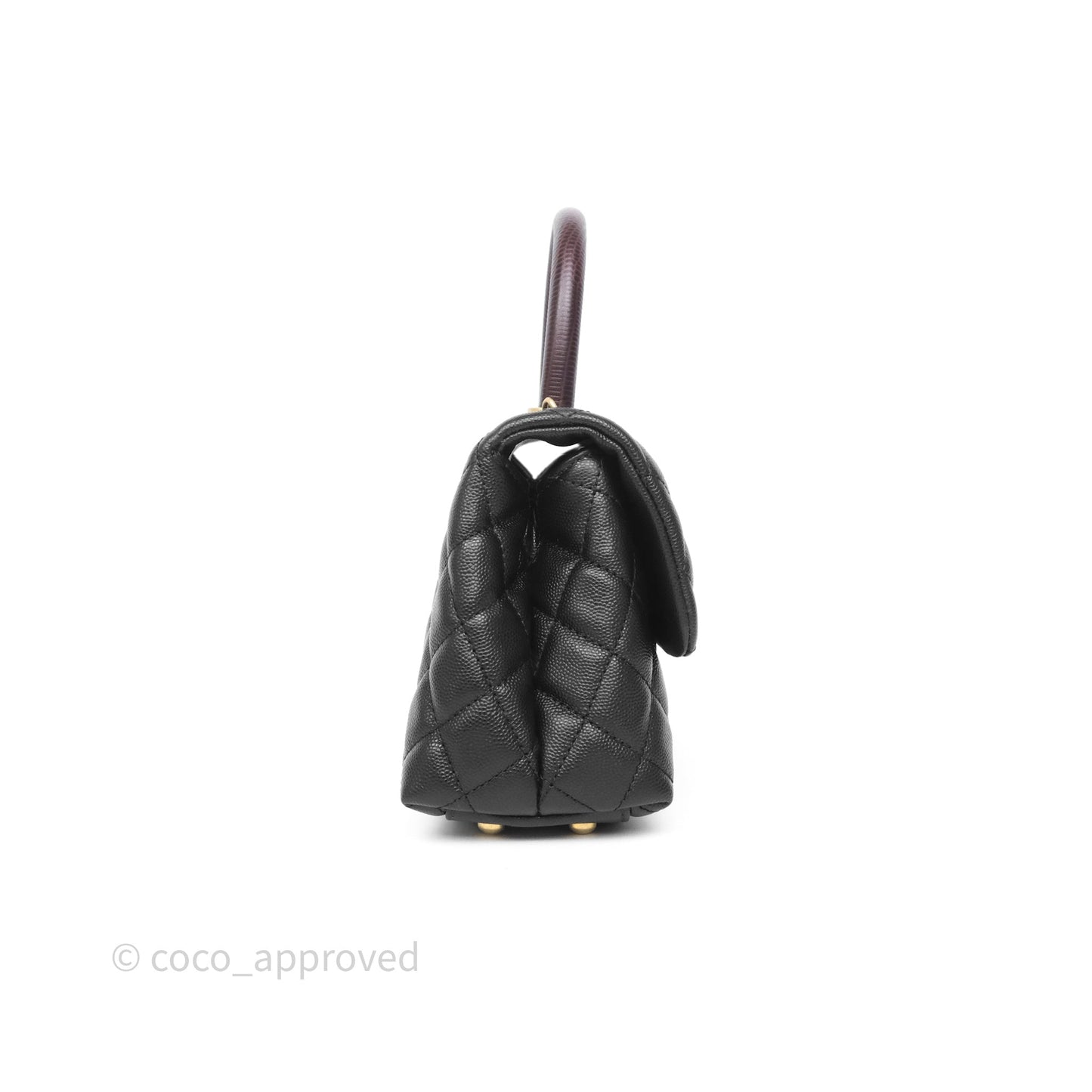 Chanel Small Coco Handle Quilted Black Caviar Aged Gold Hardware Lizard Handle