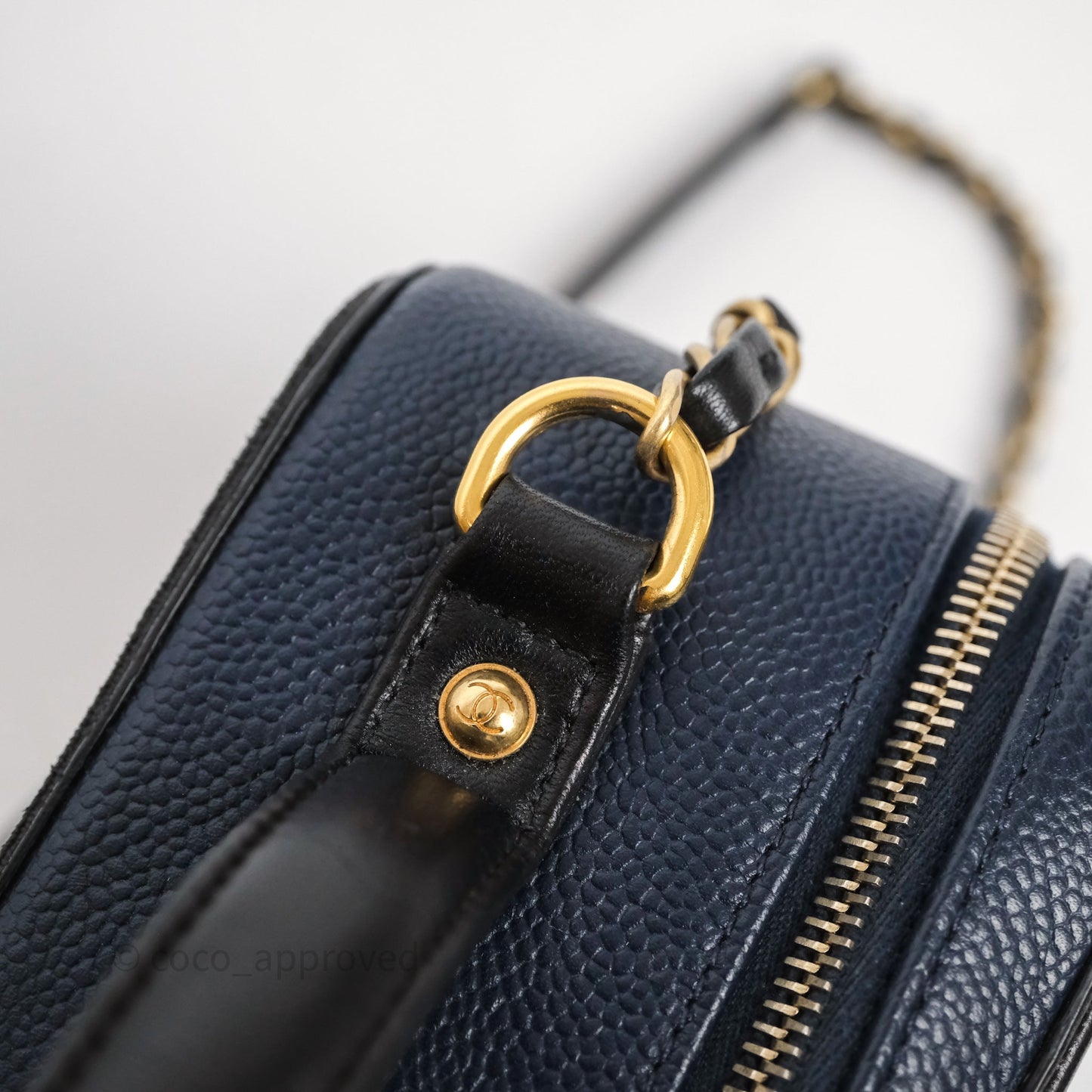Chanel Quilted Large CC Filigree Vanity Case Navy Black Caviar Aged Gold Hardware
