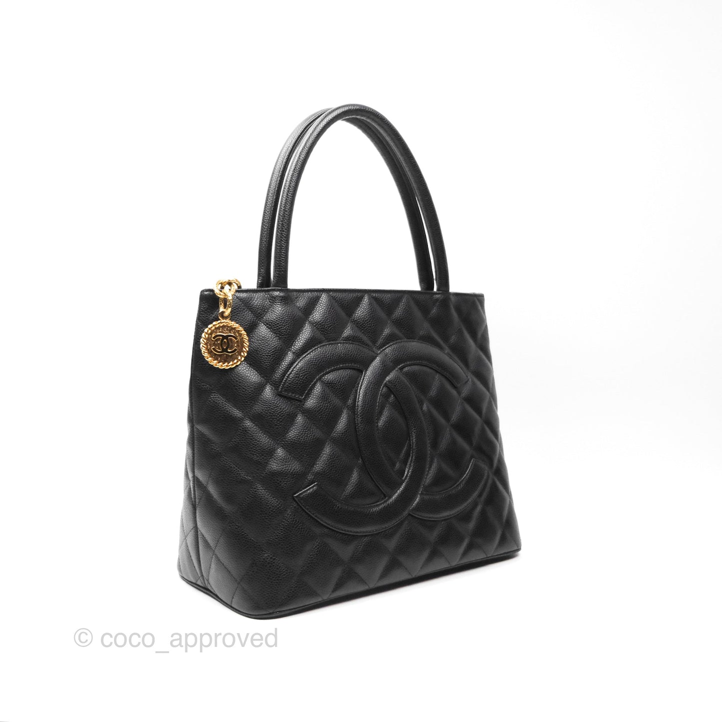Chanel Vintage Medallion CC Black Caviar Tote Bag Gold Hardware