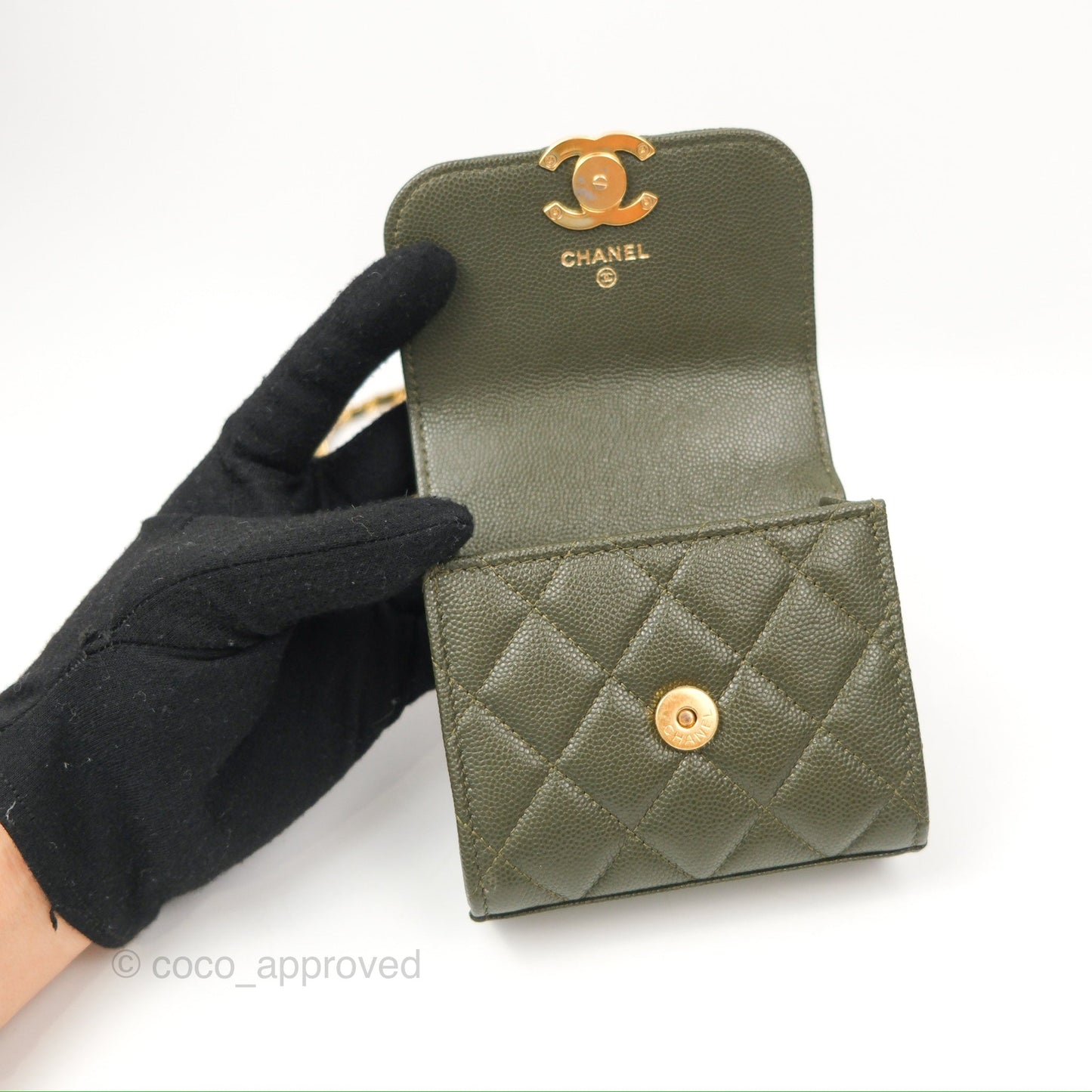 Chanel Coco First Mini Clutch On Chain Dark Olive Green Caviar Gold Hardware 22K