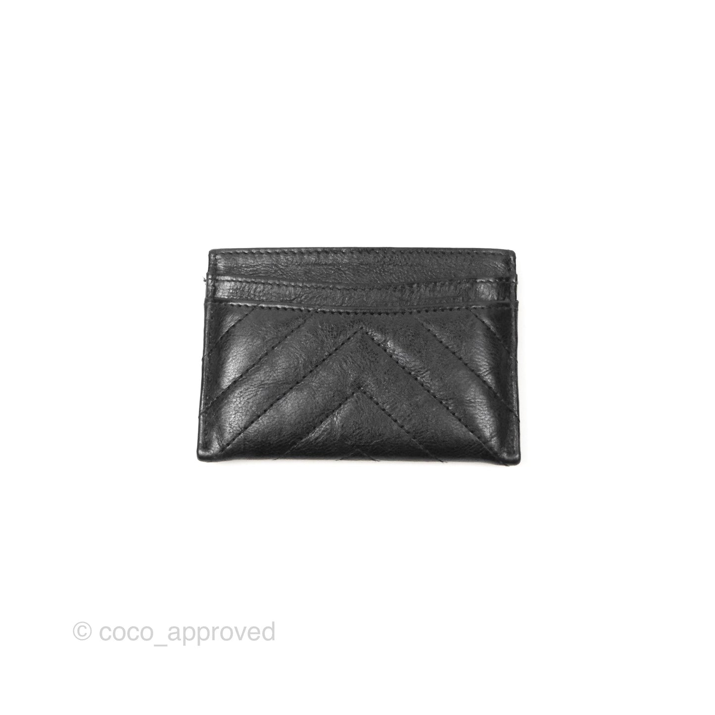 Chanel Classic Flat Card Holder Chevron Black Calfskin Gold Hardware