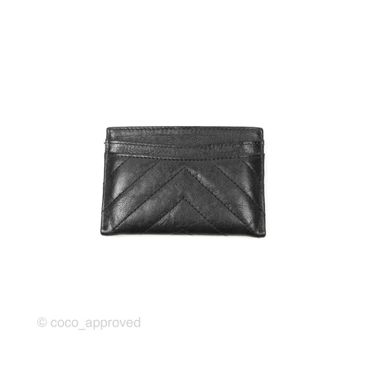 Chanel Classic Flat Card Holder Chevron Black Calfskin Gold Hardware