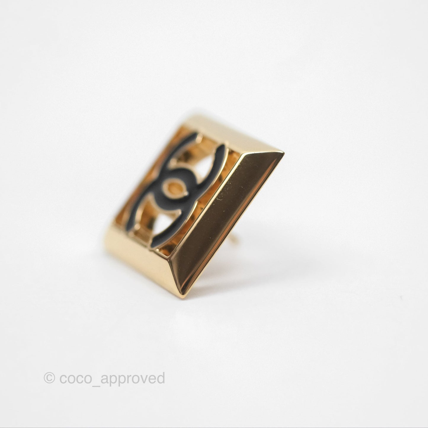 Chanel CC Square Black Earrings Gold Tone 24A