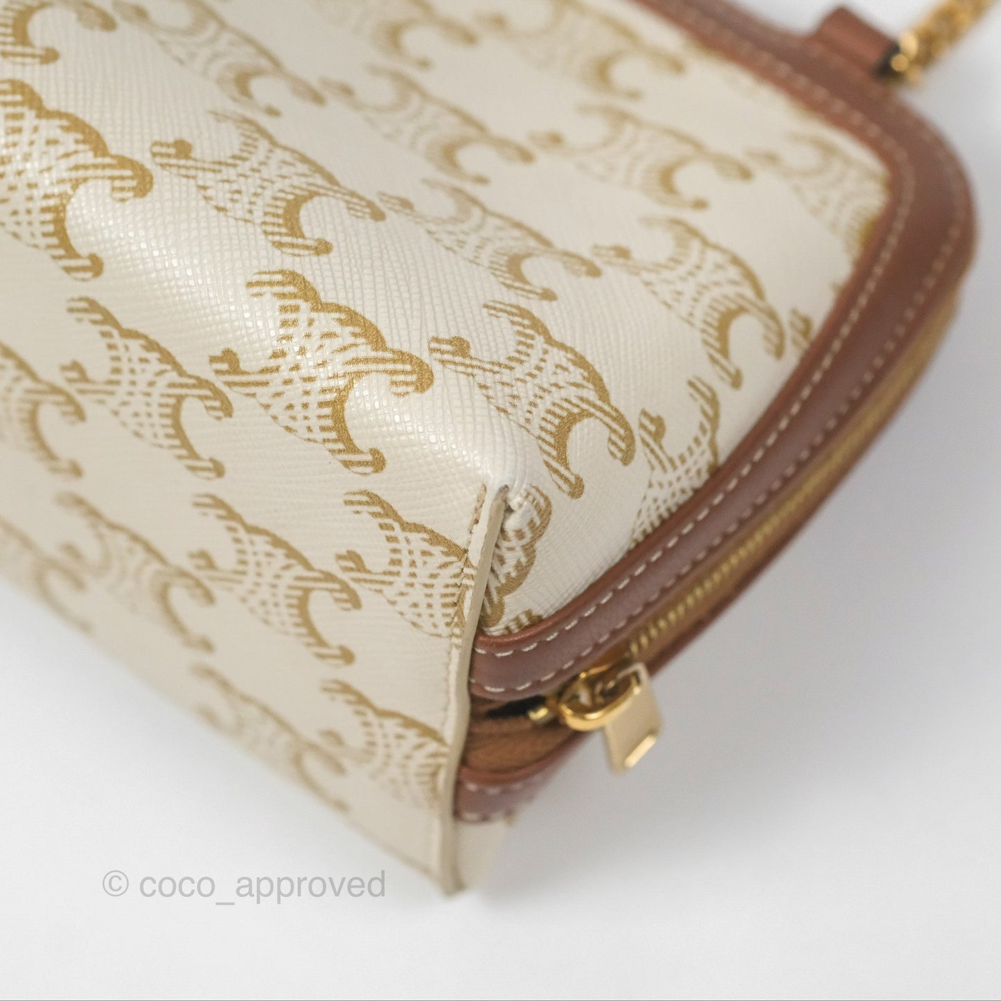 Celine Clutch With Chain Triomphe Canvas Lambskin White/Tan