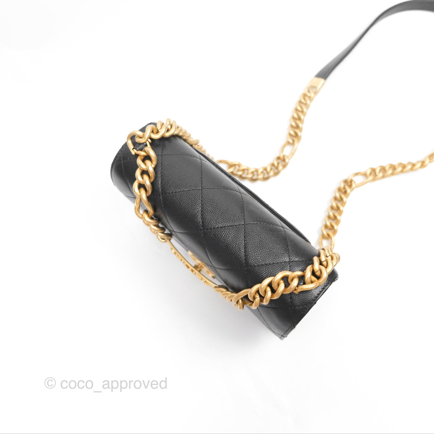 Chanel Bracelet On Chain Flap Bag Flat Quilted Black Caviar Aged Gold Hardware