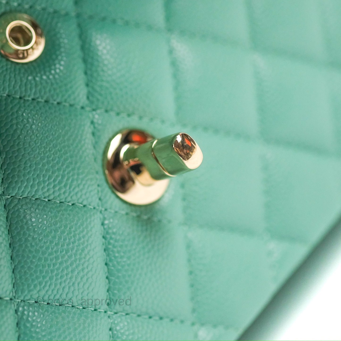 Chanel Small Classic Quilted Flap Tiffany Green Caviar Gold Hardware