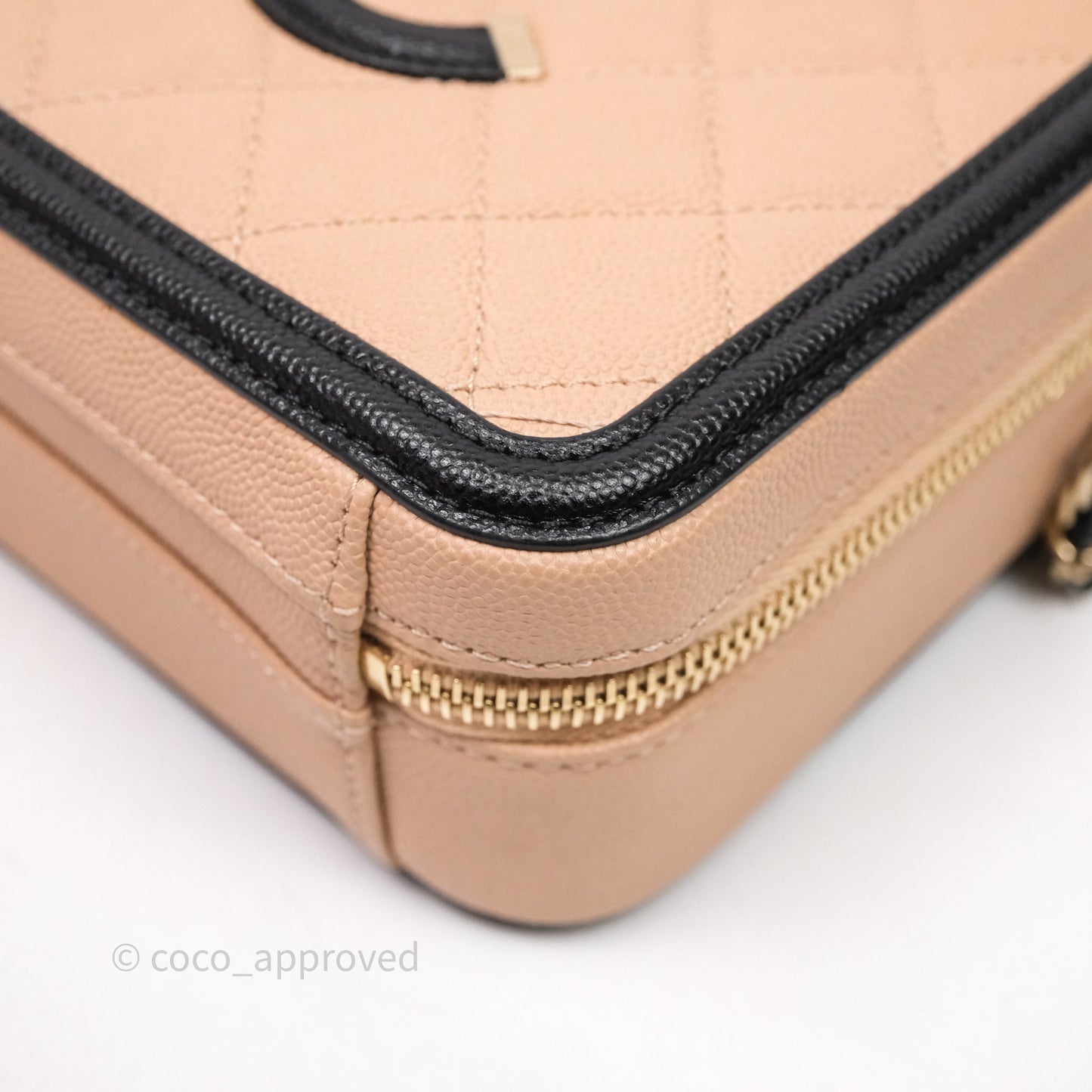 Chanel Quilted New Small CC Filigree Vanity Case Beige Caviar Gold Hardware