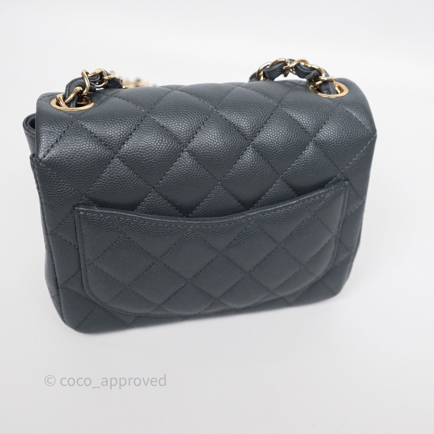 Chanel Mini Square Flap Quilted Dark Grey Blue Caviar Gold Hardware