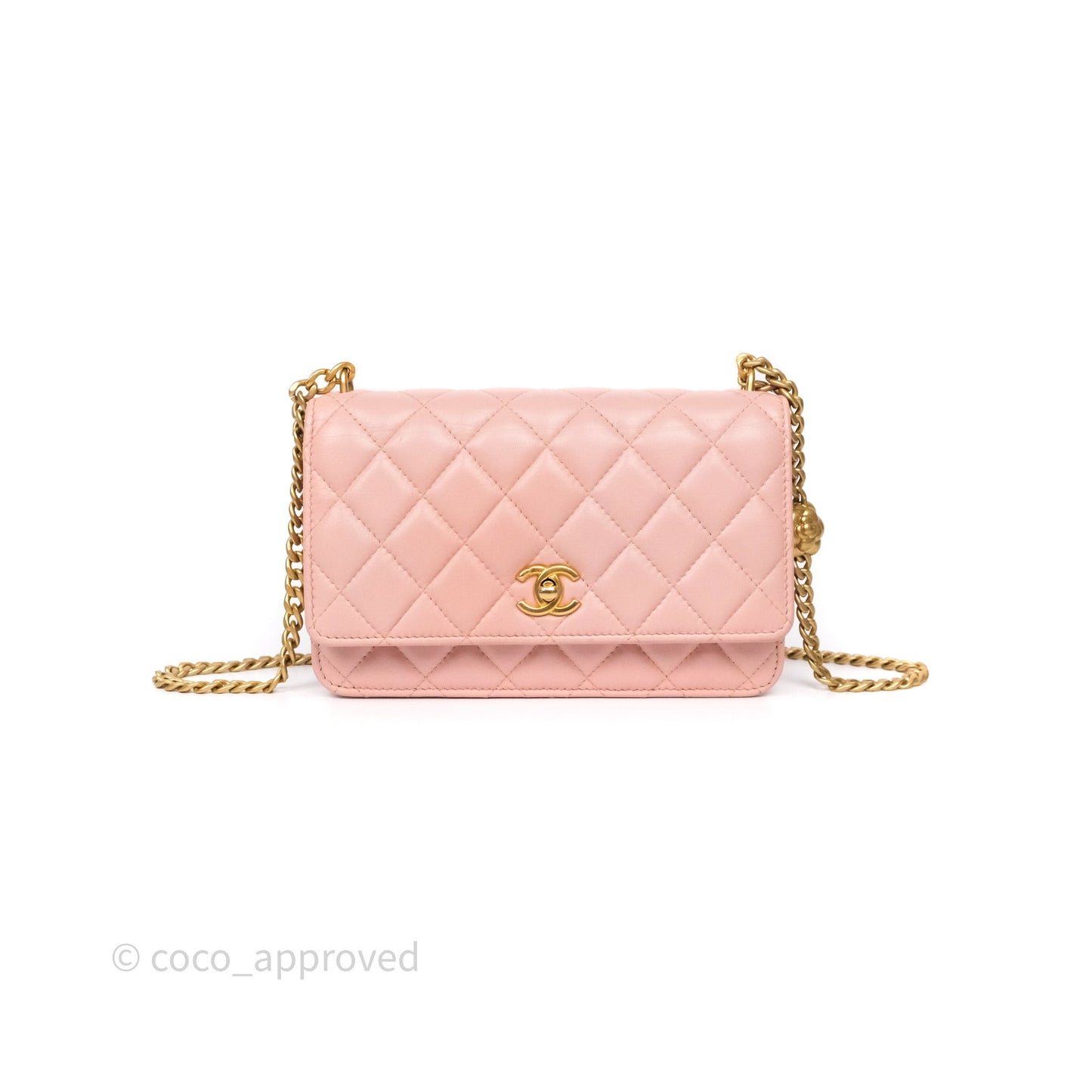 Chanel Camellia Crush Wallet on Chain WOC Pink Lambskin Aged Gold Hardware