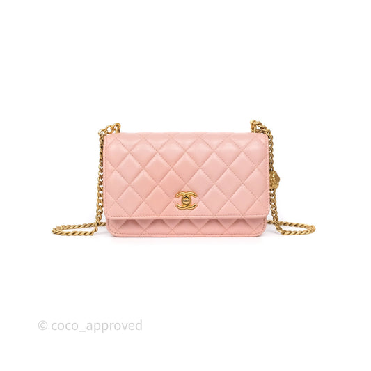 Chanel Camellia Crush Wallet on Chain WOC Pink Lambskin Aged Gold Hardware