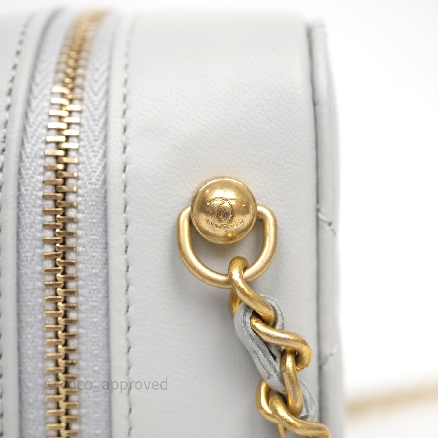 Chanel Quilted CC Pearl Crush Camera Case Light Blue Grey Lambskin Aged Gold Hardware