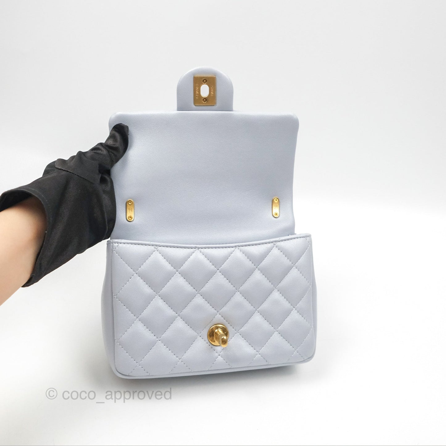 Chanel Mini Flap Bag with Pearl Chain Pearly Light Blue Lambskin Aged Gold Hardware 24P