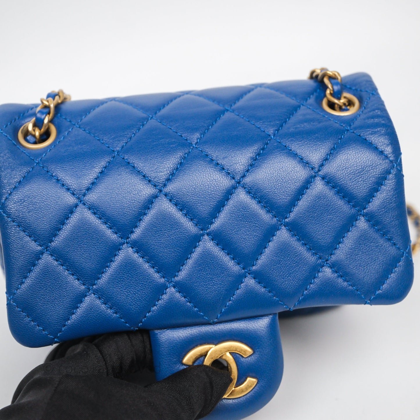 Chanel Pearl Crush Mini Square Quilted Blue Lambskin Aged Gold Hardware