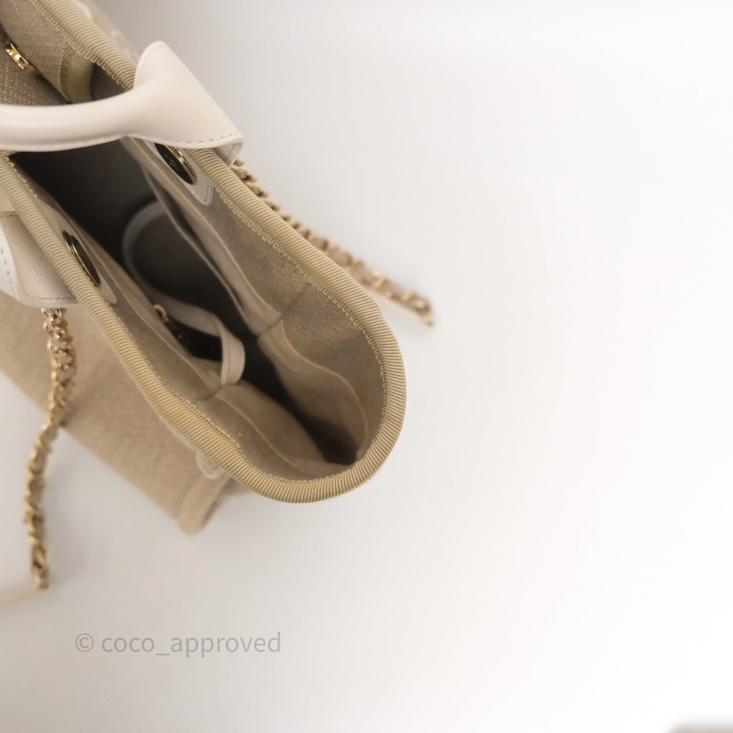 Chanel New Small Deauville Tote Beige Canvas Gold Hardware