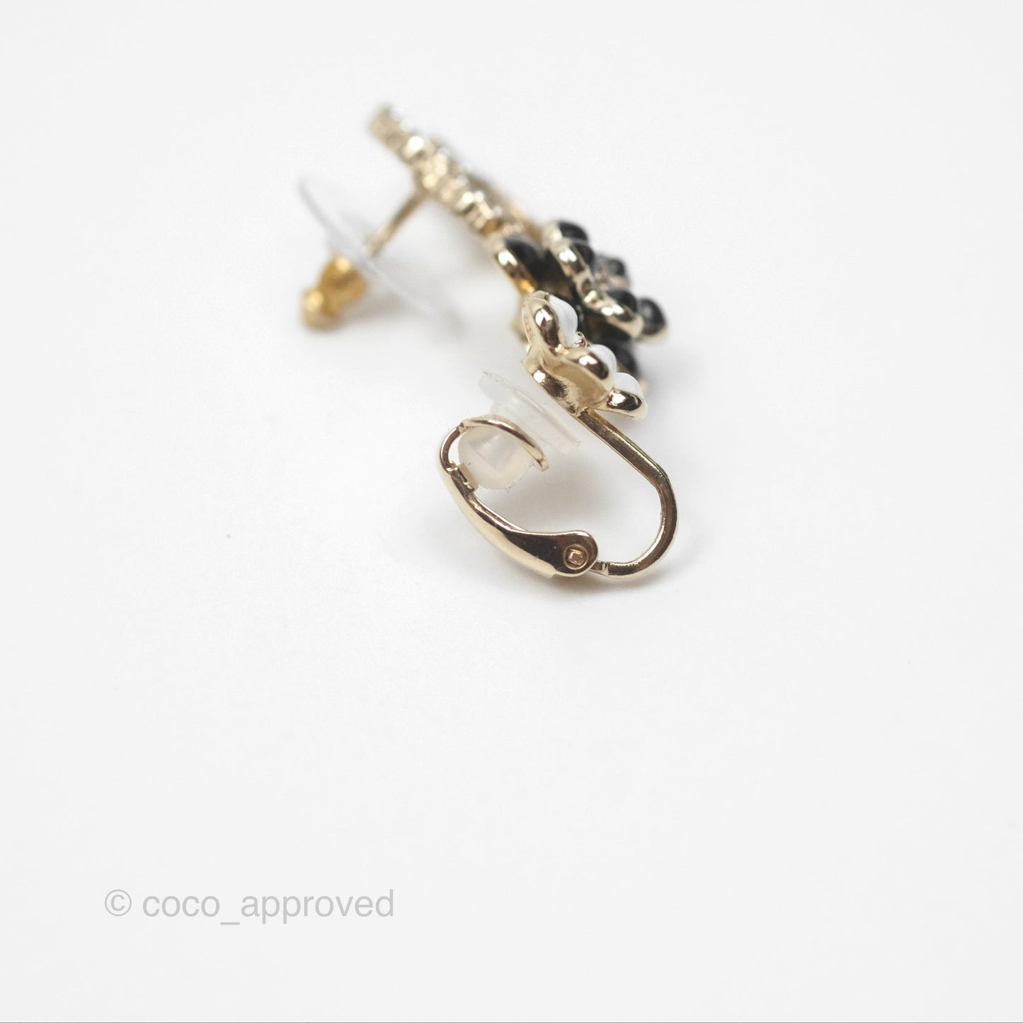 Chanel Crystal CC Black White Flower Earrings Ear Clip Gold Tone 21C