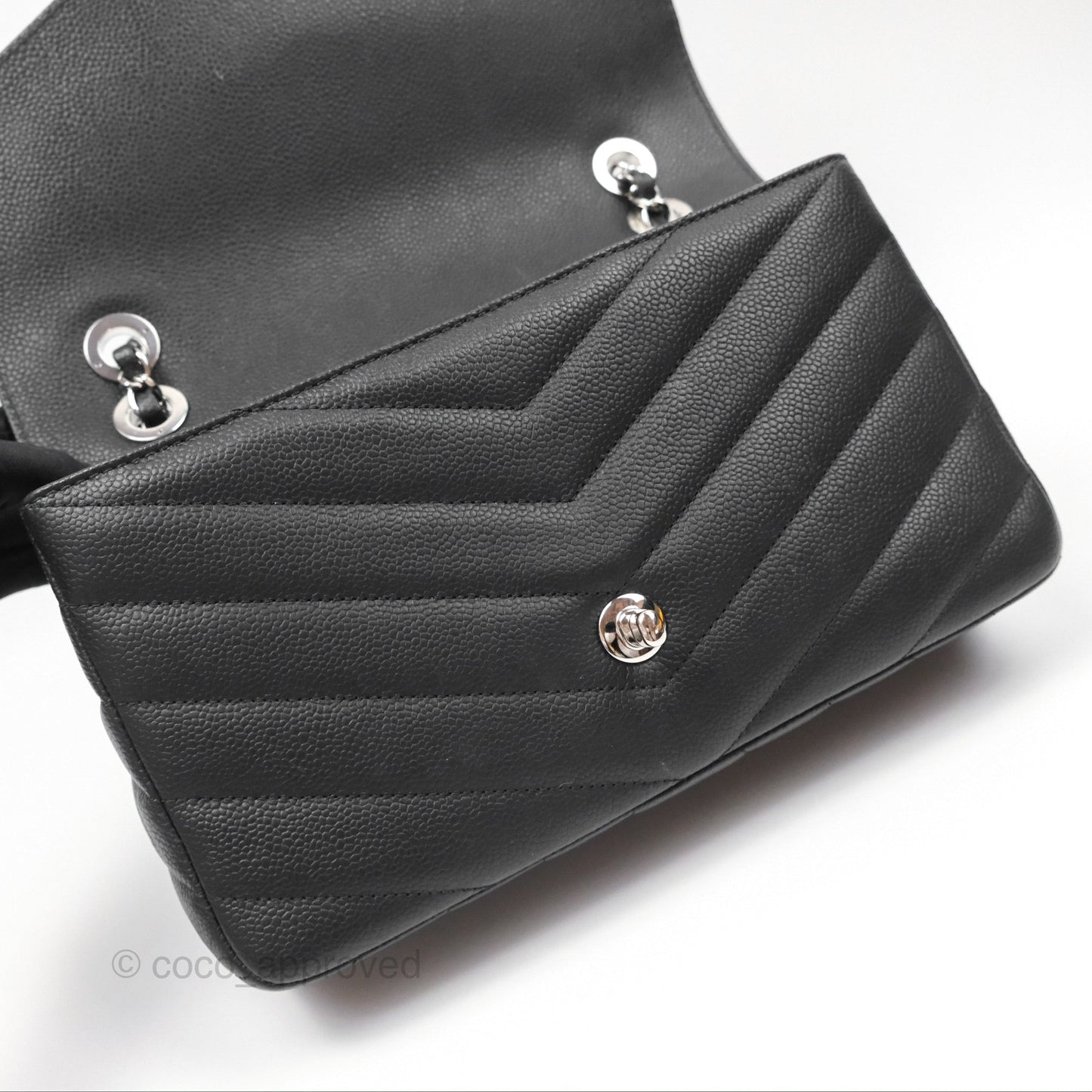 Chanel Chevron Flap Bag Black Caviar Silver Hardware