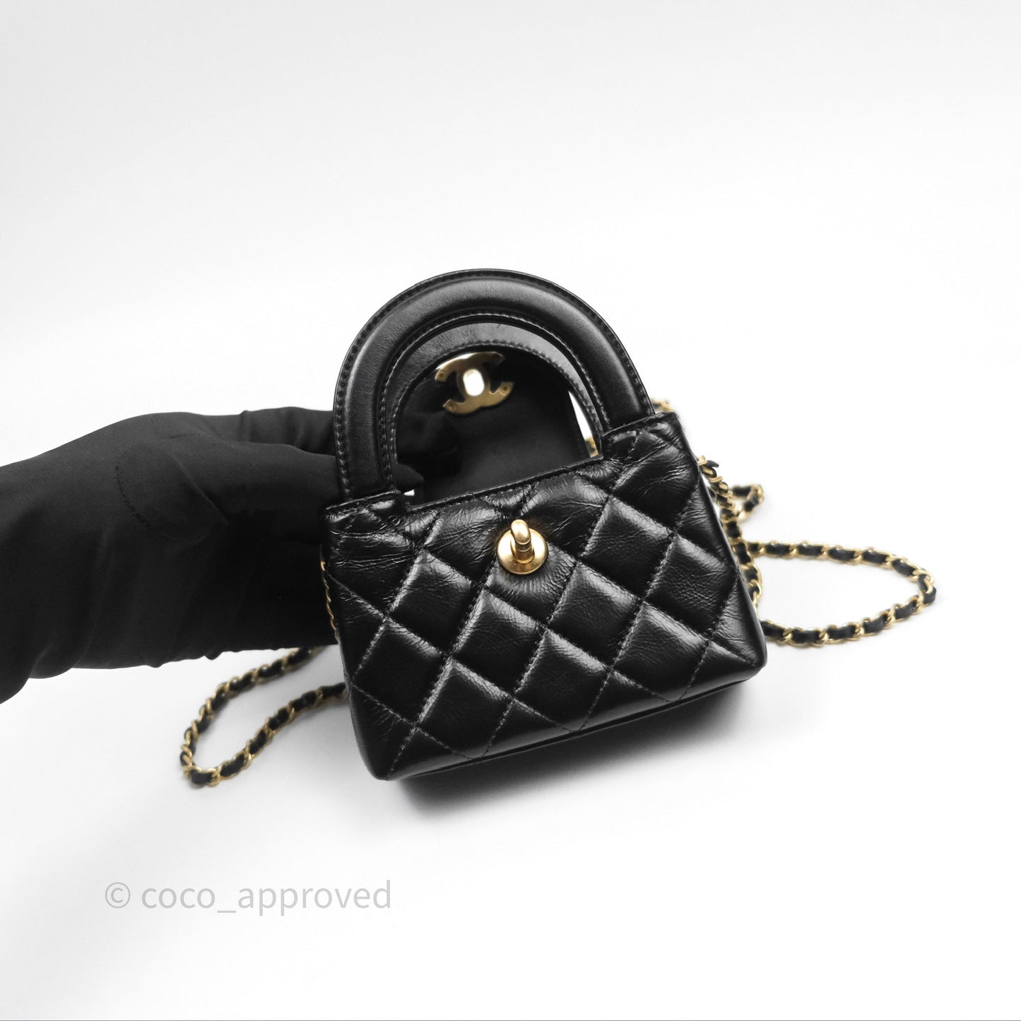 Chanel Mini Nano Kelly Bag Black Shiny Calfskin Aged Gold Hardware