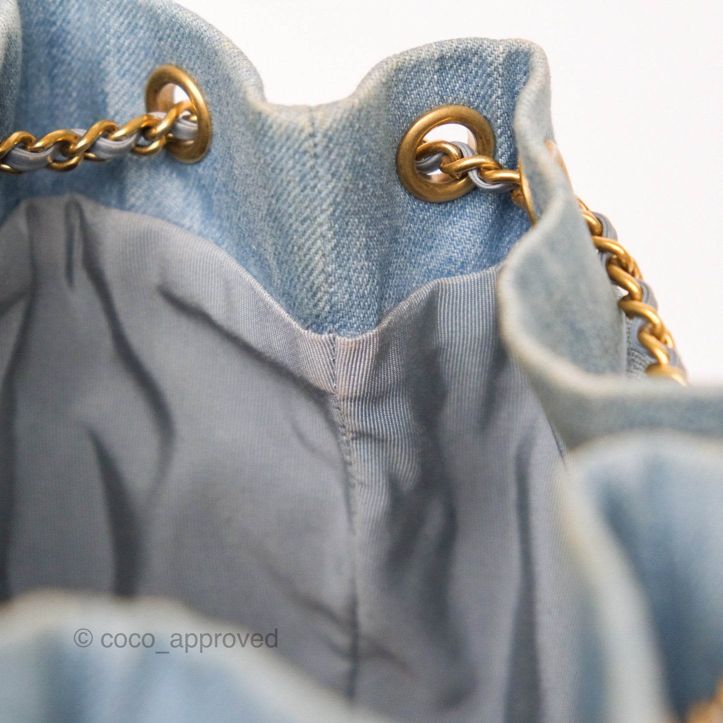 Chanel Drawstring Bucket Bag Denim Blue Aged Gold Hardware