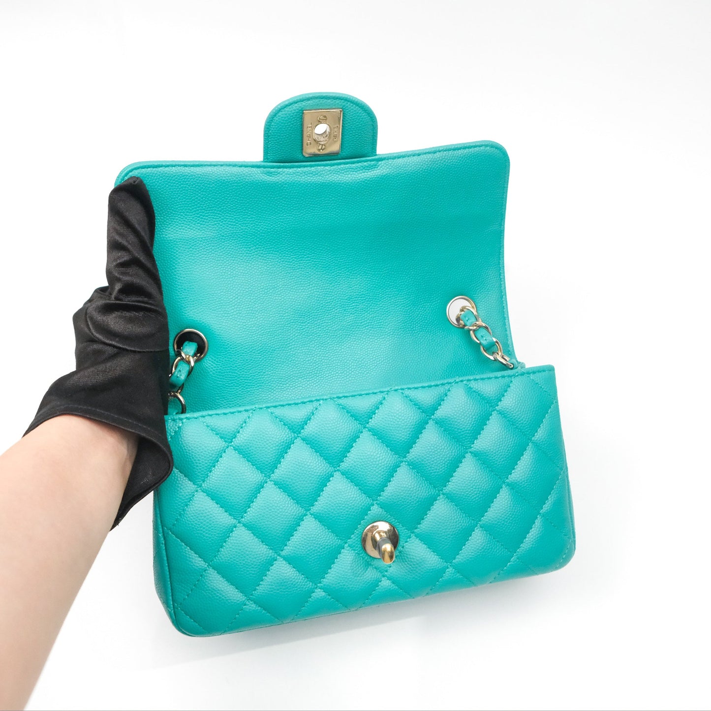 Chanel Mini Rectangular Flap Quilted Turquoise Caviar Gold Hardware
