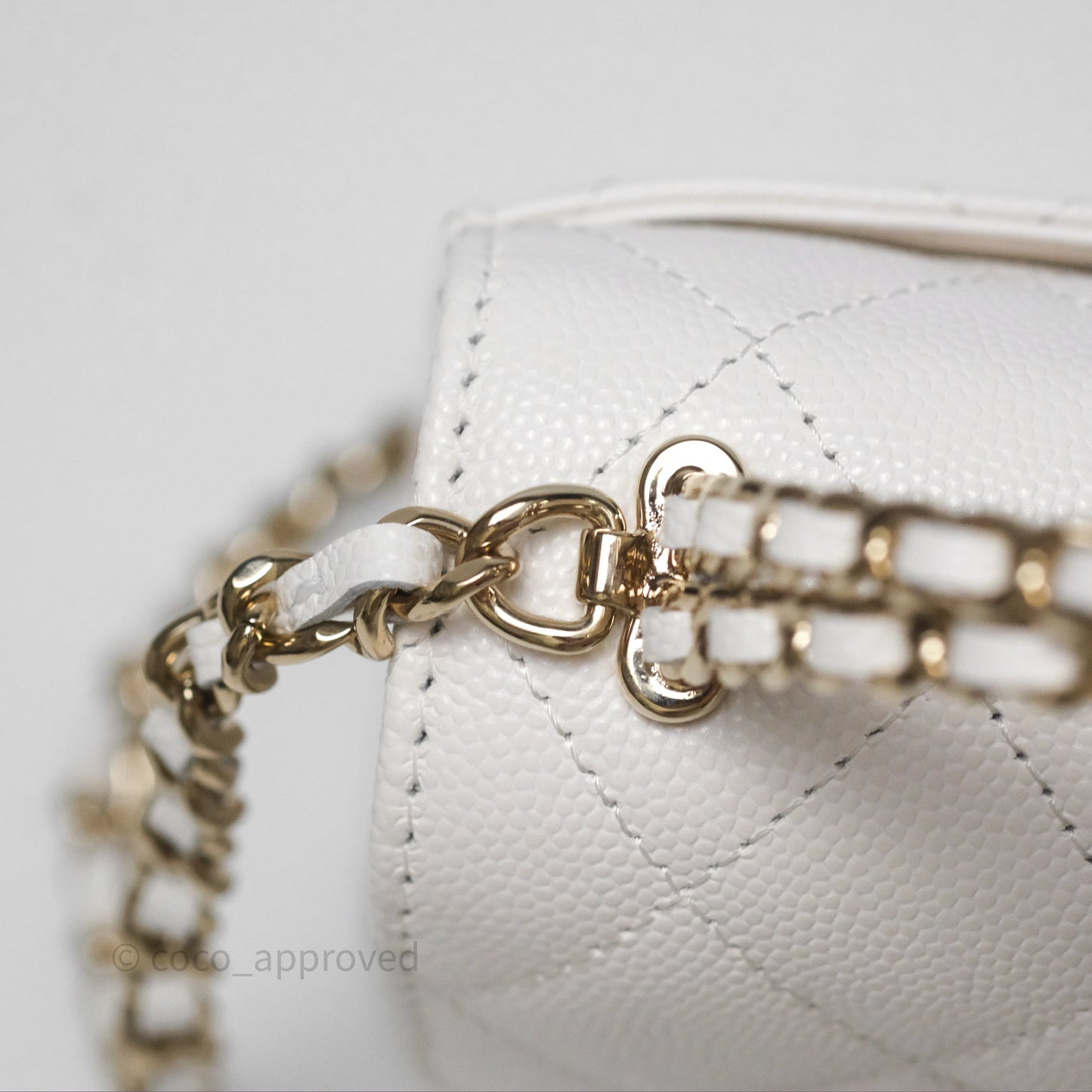 Chanel Small Top Handle Clutch with Chain White Caviar Light Gold Hardware 23P