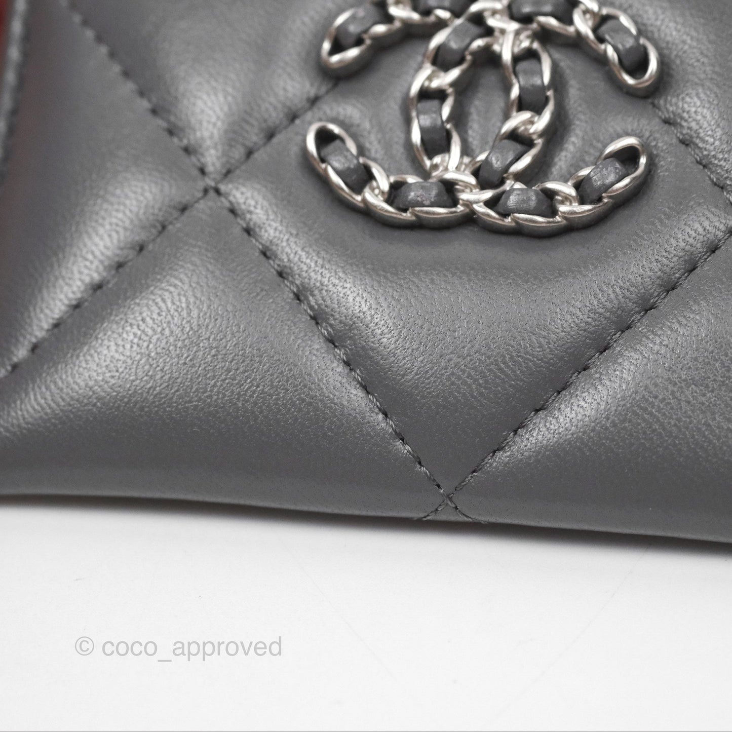 Chanel 19 Quilted Grey Flat Card Holder Silver Hardware
