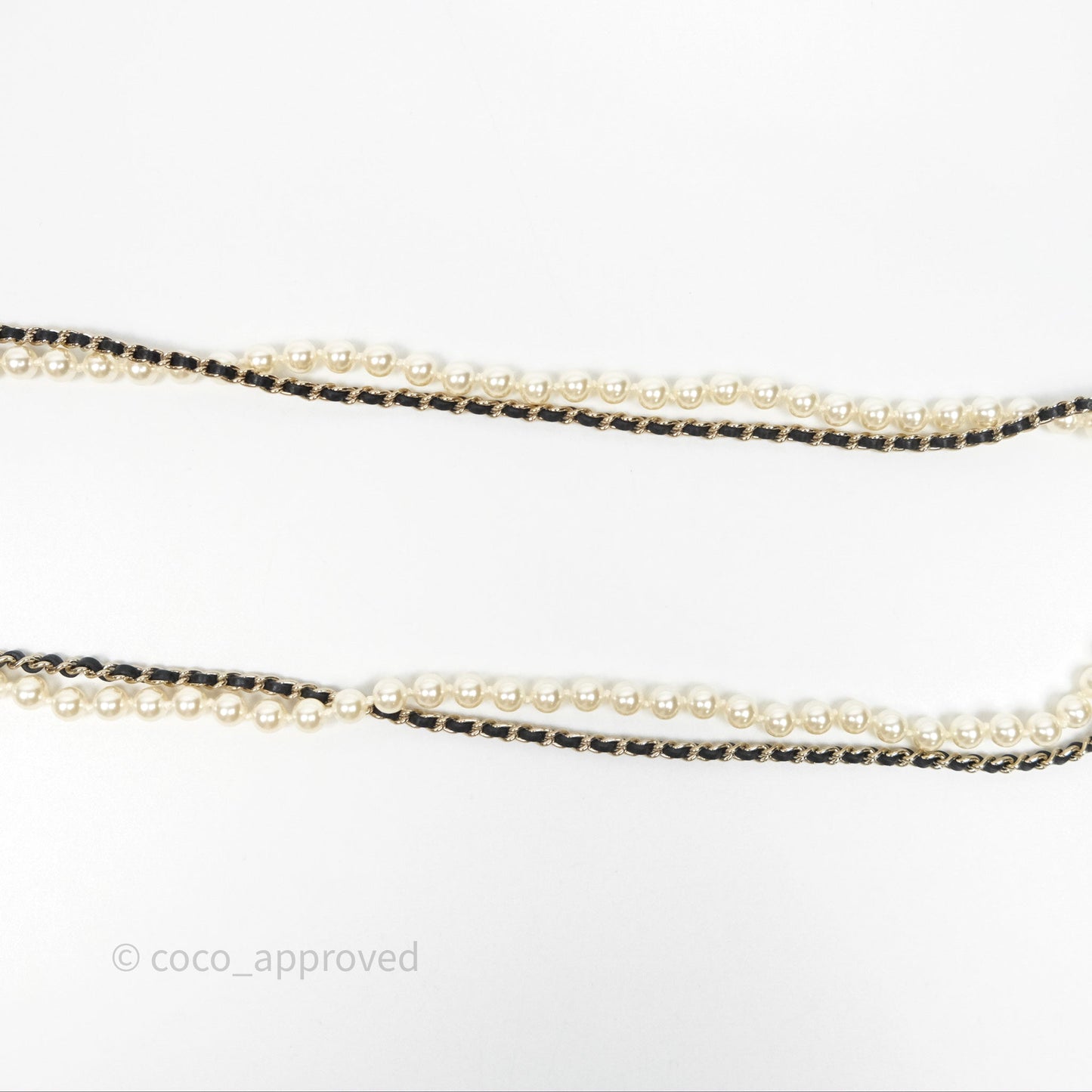 Chanel Flap Bag Charm Pearl Chain Black Leather Long Necklace Gold Tone 21S