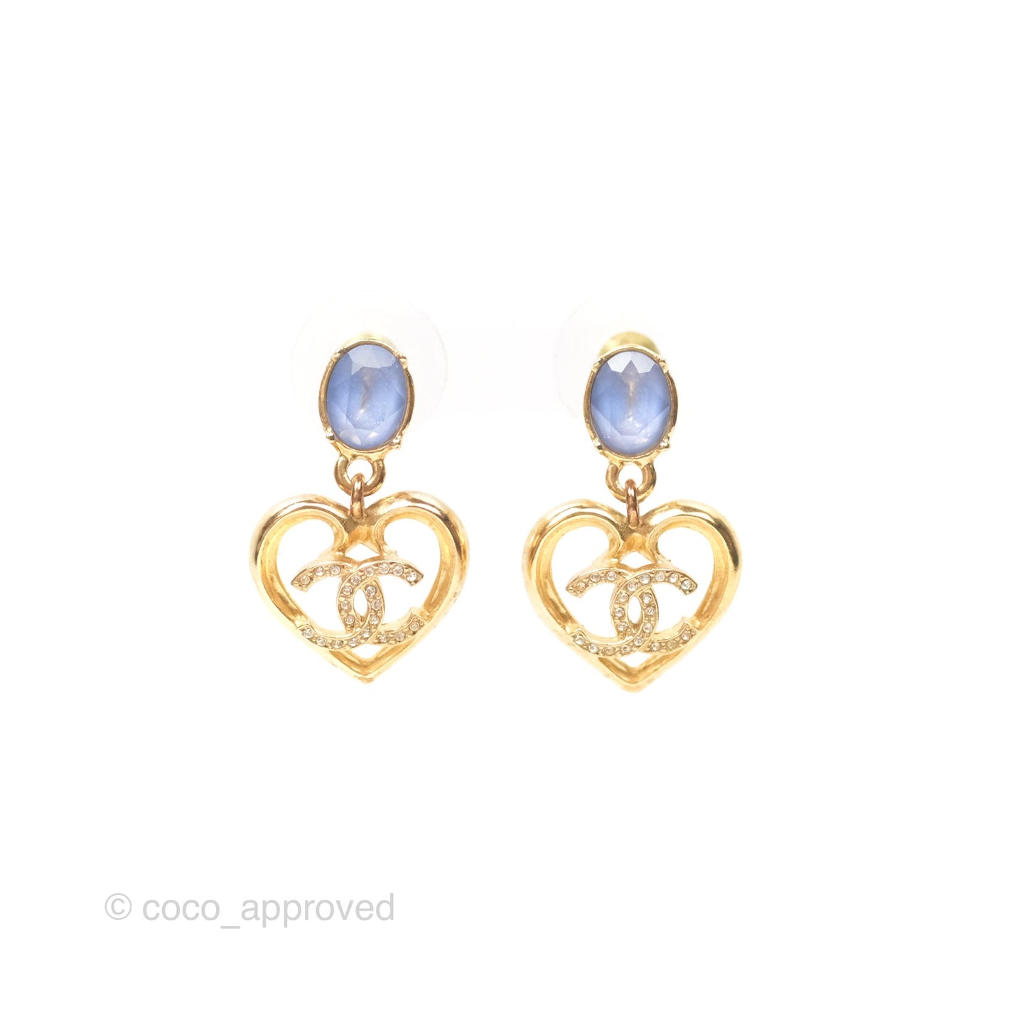 Chanel Oval Blue Resin Heart CC Drop Earrings Gold Tone 23C