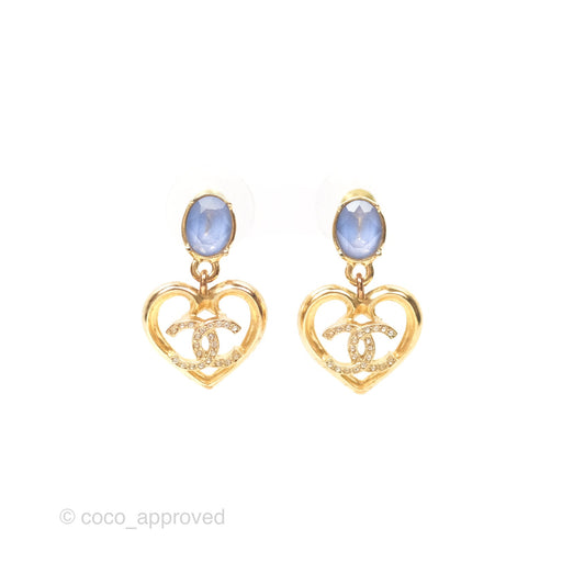 Chanel Oval Blue Resin Heart CC Drop Earrings Gold Tone 23C