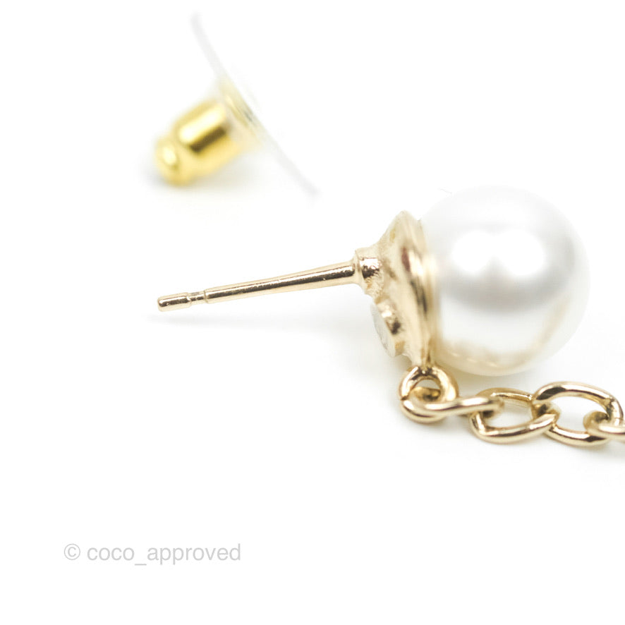 Chanel Pearl Chain Crystal CC Drop Earrings Gold Tone 20B
