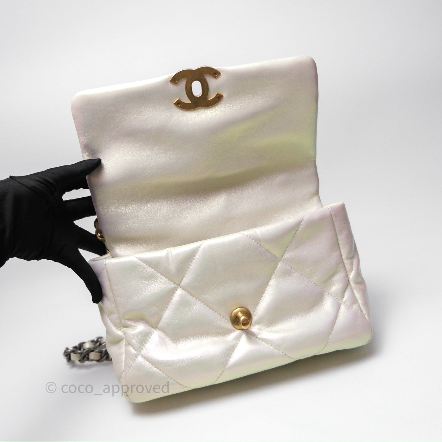 Chanel 19 Small Iridescent White Mixed Hardware