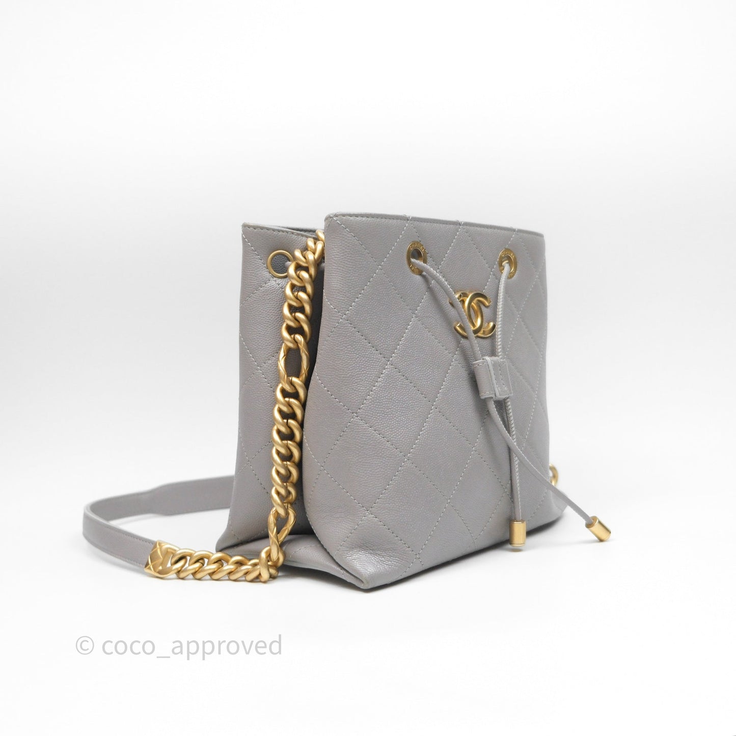 Chanel Drawstring Bucket Bag Grey Grained Calfskin Aged Gold Hardware